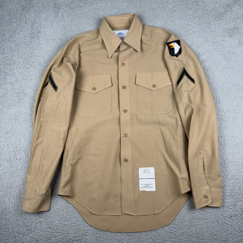 Vintage Military DSCP Shirt Men 15.5x35 Tan Khaki 101st Airborne Patch 90s